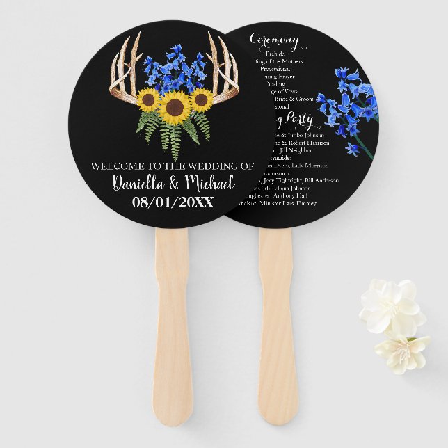 Country Rustic Antlers Wedding Ceremony Program Hand Fan (Front and Back)