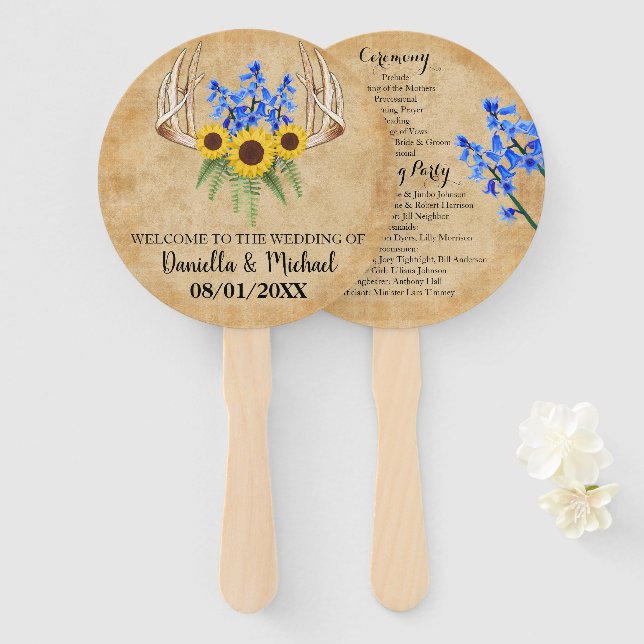 Country Rustic Antlers Wedding Ceremony Program Hand Fan (Front and Back)