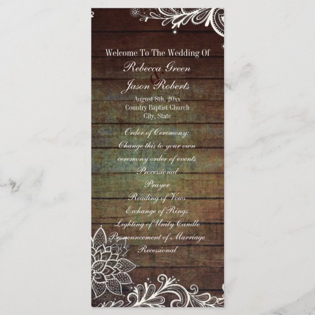 country rustic barnwood lace wedding program programme (Front)