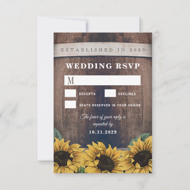 Country Rustic Barrel Sunflower Wedding RSVP Cards (Front)