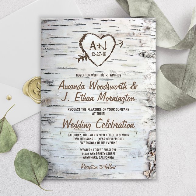 Country Rustic Birch Tree Bark Wedding Invitations (Creator Uploaded)