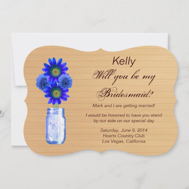 Country Rustic Blue Mason Jar Bridesmaid Card (Front)