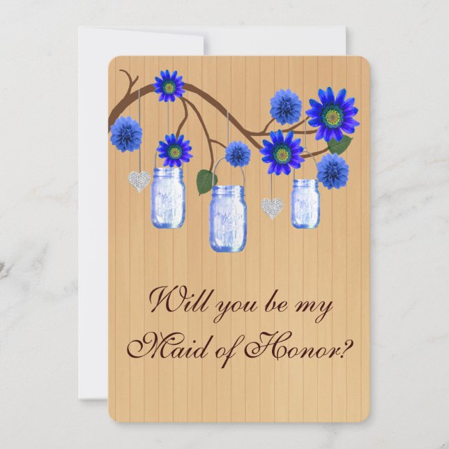 Country Rustic Blue Mason Jars Maid Of Honour Card (Front)