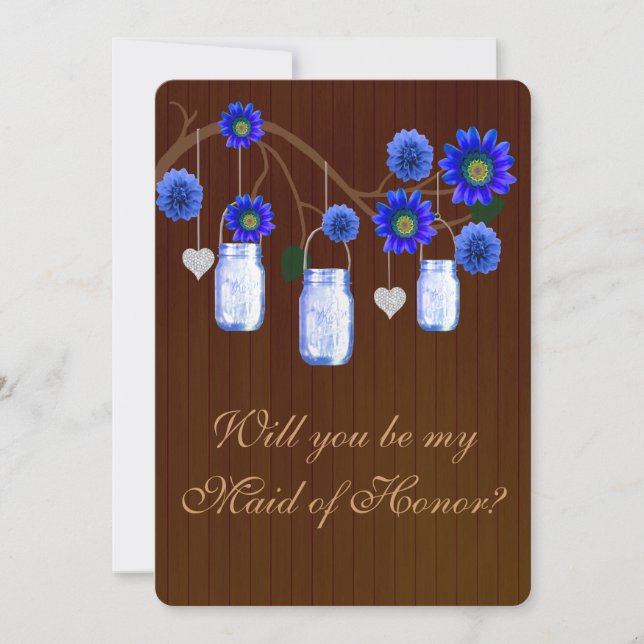 Country Rustic Blue Mason Jars Maid Of Honour Card (Front)