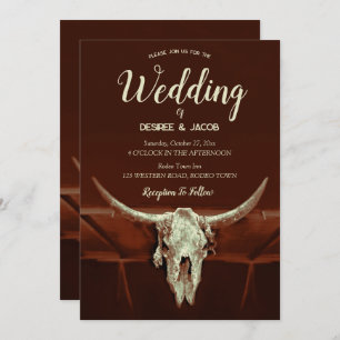 Country Rustic Brown Western Bull Skull Invitation