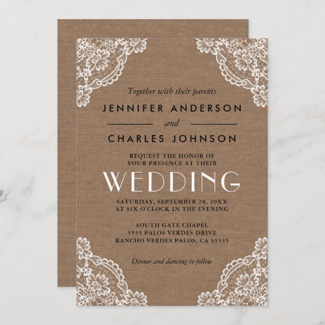 Country Rustic Burlap Lace Corner Detail Wedding Invitation (Front/Back)