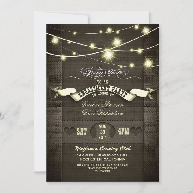 country rustic burlap & lights engagement party invitation (Front)