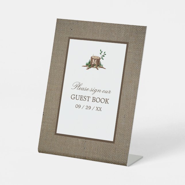 Country Rustic Burlap Monogram Tree Wedding Pedestal Sign (Front)