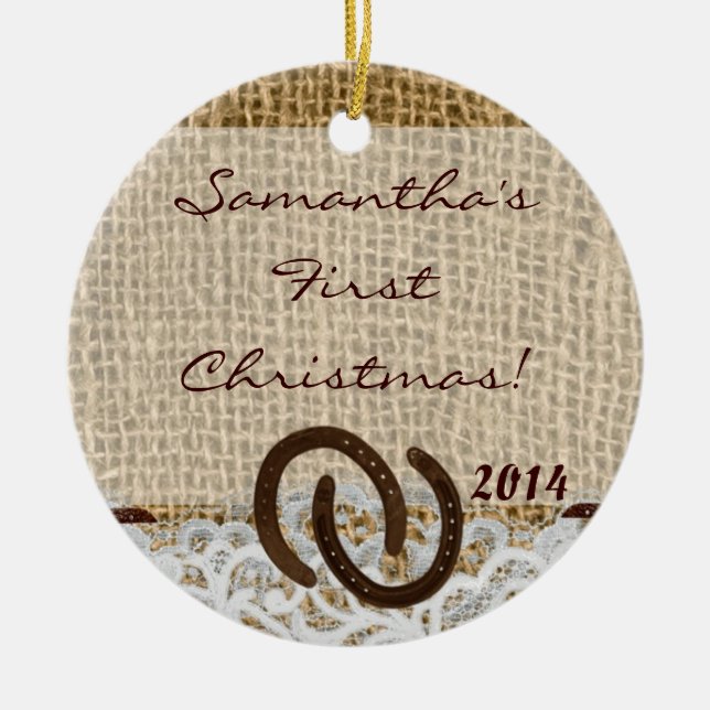 Country Rustic Burlap Personalised Name Ornament (Front)