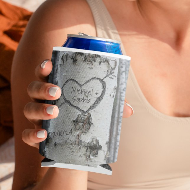 Country Rustic Carved Heart Birch Tree Can Cooler (Creator Uploaded)