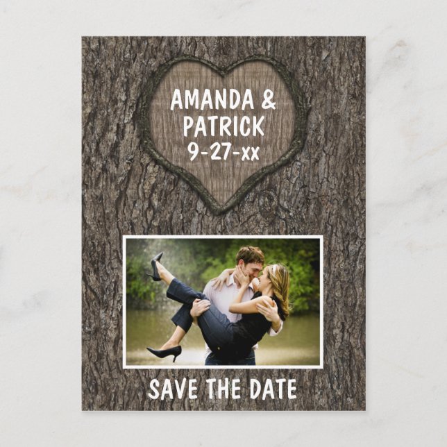Country Rustic Carved Oak Tree Save The Date Cards (Front)