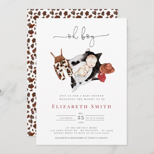 Country Rustic Cowboy Watercolor Boy Baby Shower Invitation (Front/Back)