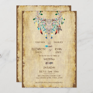 Country Rustic, Deer Skull, Feathers, Wedding Invitation