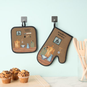 Country Rustic Farmhouse Kitchen Personalised Oven Mitt & Pot Holder Set