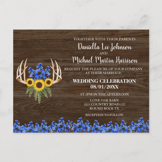 Country Rustic Floral Antlers Wedding Invitation Postcard (Front)