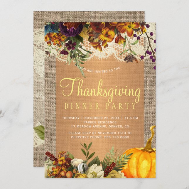 Country rustic floral burlap Thanksgiving dinner Invitation (Front/Back)