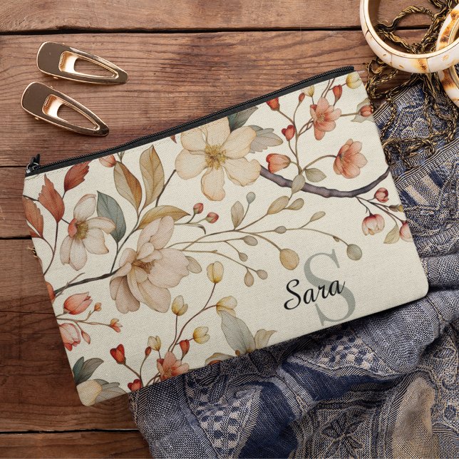 Country Rustic Floral Monogram Canvas Accessory Pouch (Creator Uploaded)