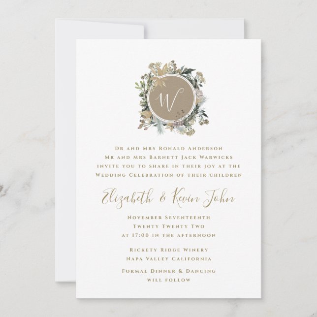 Country Rustic Floral Monogram Wreath Wedding Invitation (Front)