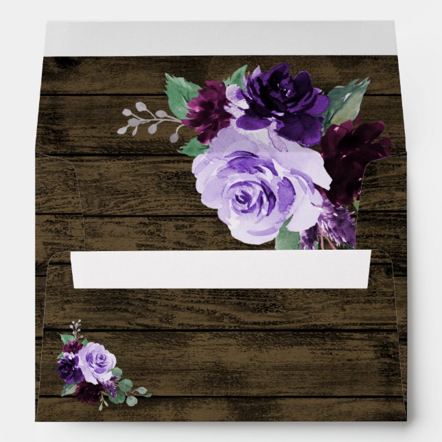 Country Rustic Floral Purple and Gold Wood Wedding Envelope (Back (Bottom))
