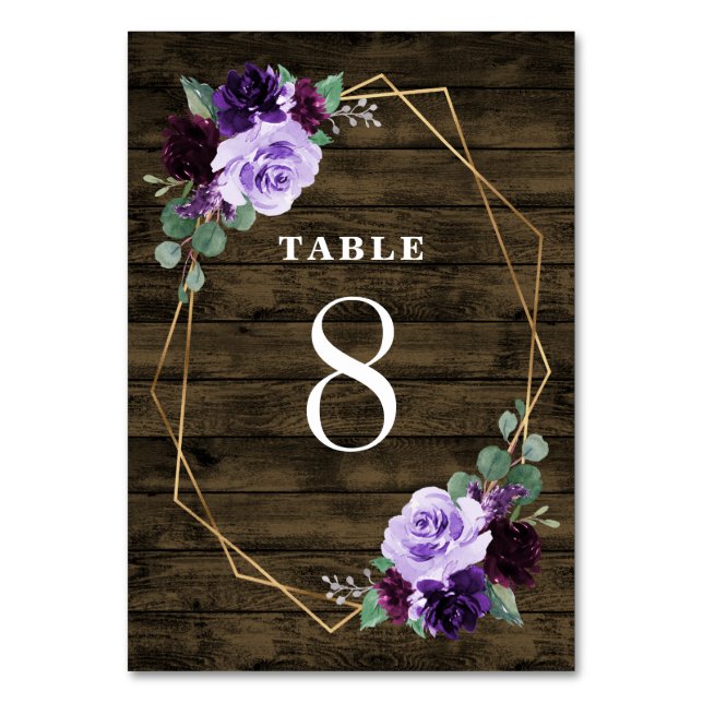 Country Rustic Floral Purple and Gold Wood Wedding Table Number (Front)