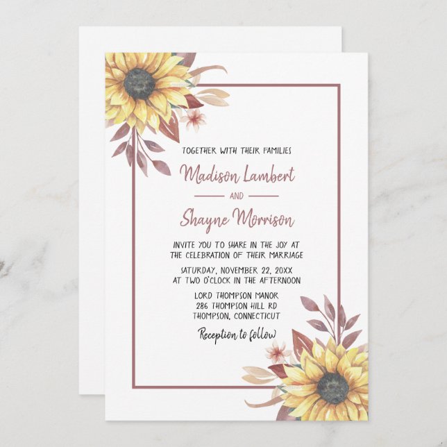 Country Rustic Floral Sunflowers Fall Wedding Invitation (Front/Back)