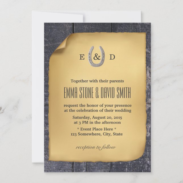 Country Rustic Horseshoe Barn Wood Wedding Invitation (Front)