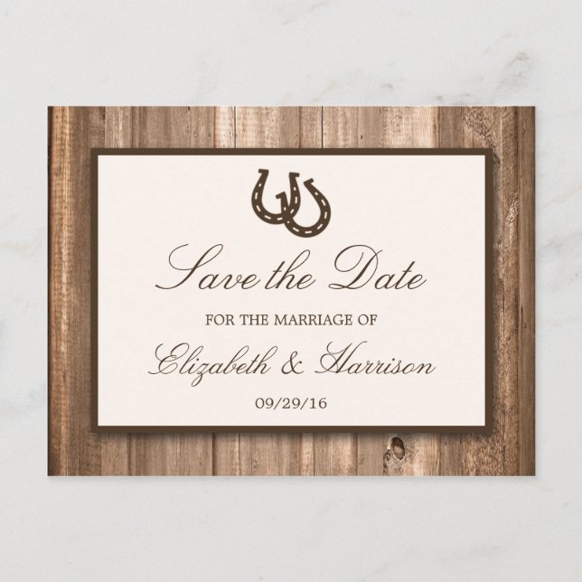 Country Rustic Horseshoe, Brown Wood Save The Date Announcement Postcard (Front)
