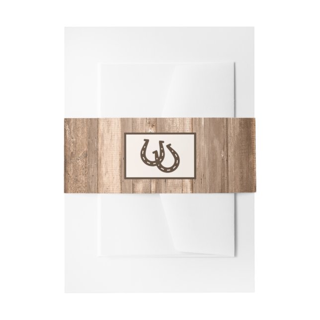 Country Rustic Horseshoe & Brown Wood Wedding Invitation Belly Band (Front Example)
