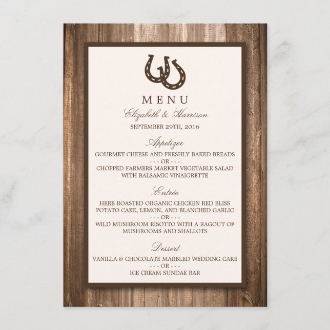Country Rustic Horseshoe & Brown Wood Wedding Menu (Front)