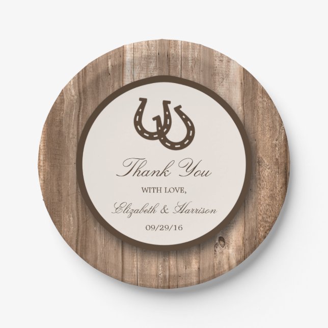 Country Rustic Horseshoe & Brown Wood Wedding Paper Plate (Front)