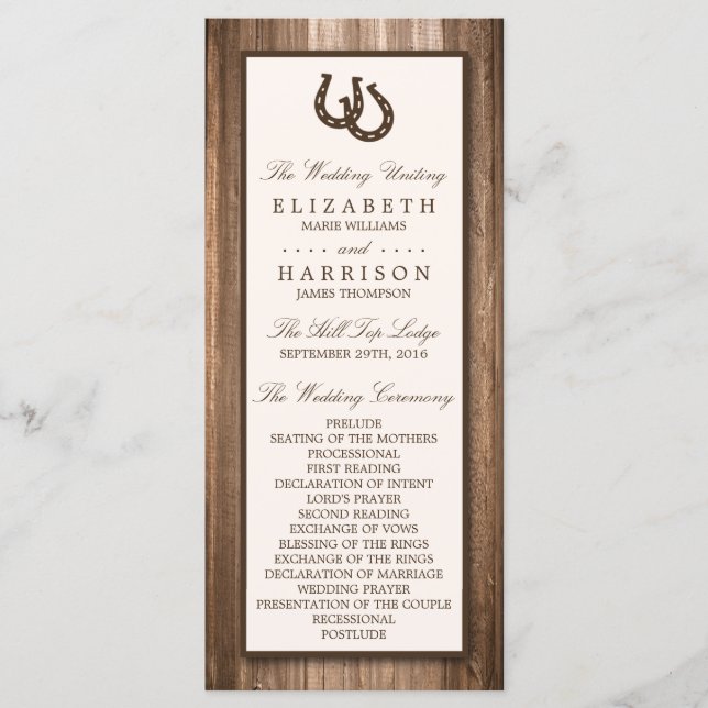 Country Rustic Horseshoe & Brown Wood Wedding Programme (Front)