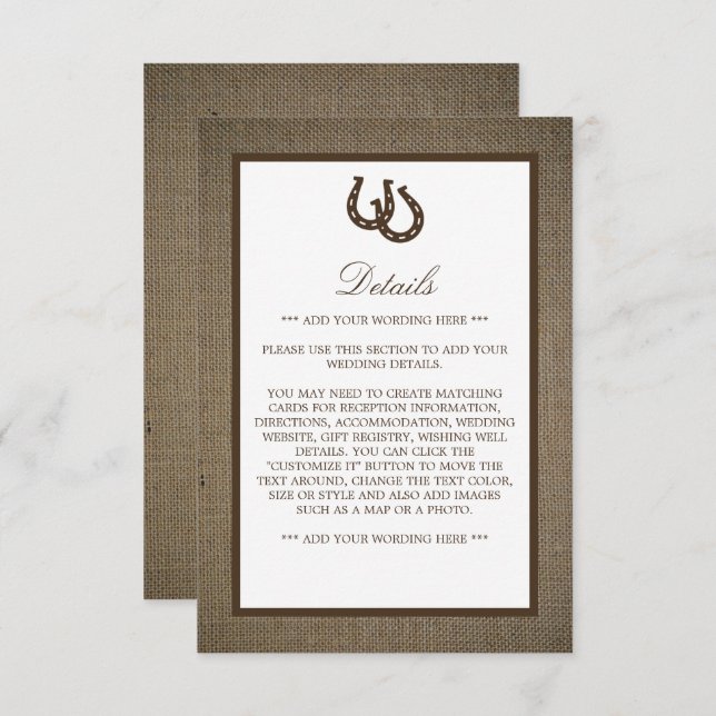 Country Rustic Horseshoe On Burlap Wedding Detail Enclosure Card (Front/Back)
