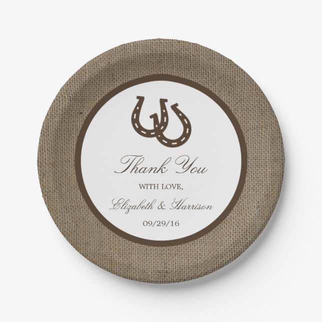 Country Rustic Horseshoe On Burlap Wedding Paper Plate (Front)