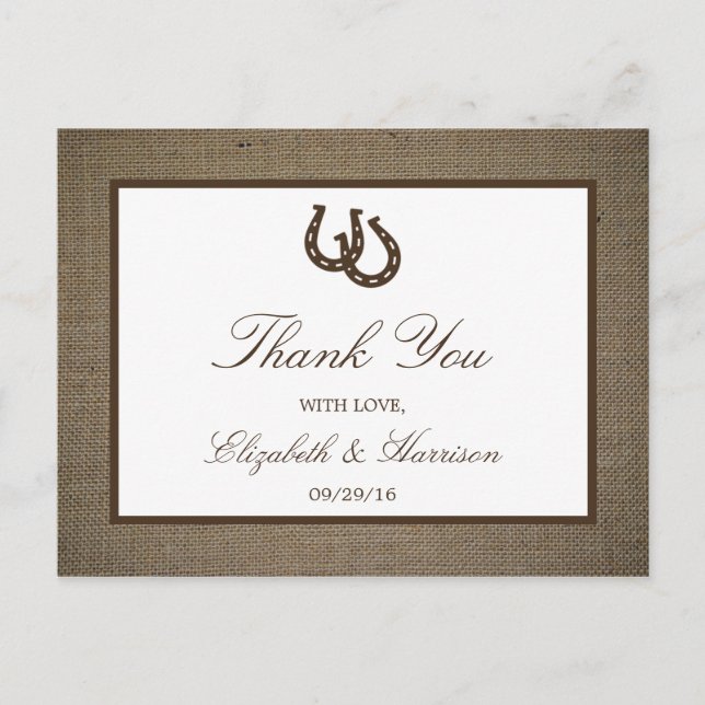 Country Rustic Horseshoe On Burlap Wedding Postcard (Front)