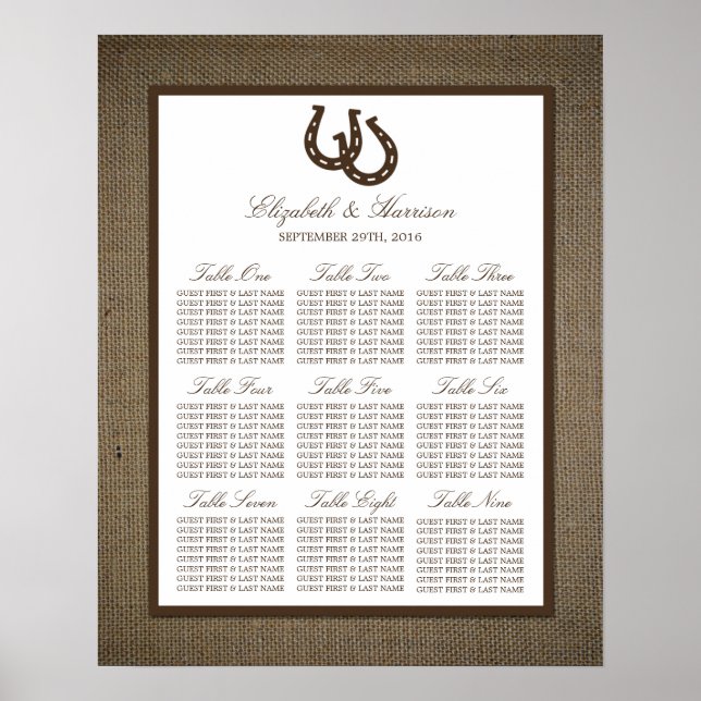 Country Rustic Horseshoe On Burlap Wedding Poster (Front)