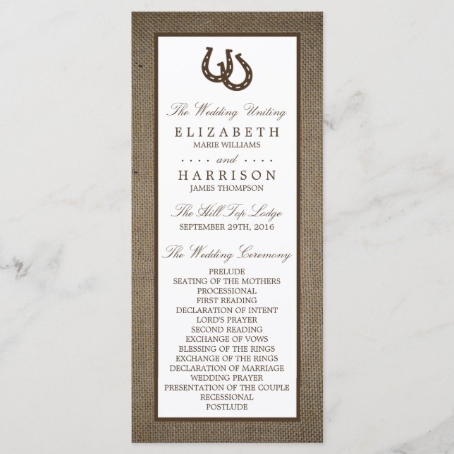Country Rustic Horseshoe On Burlap Wedding Programme (Front)