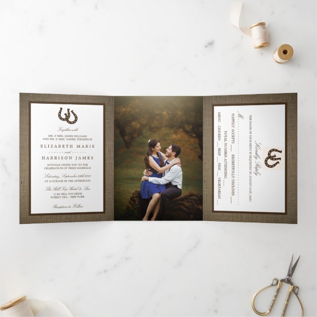 Country Rustic Horseshoe On Burlap Wedding Tri-Fold Invitation (Inside)