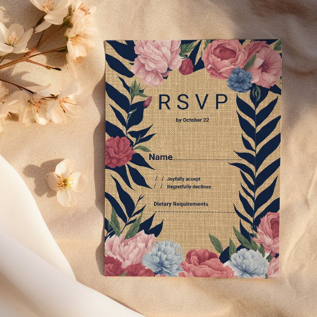 Country rustic ivory navy blue pink floral RSVP Invitation (Country rustic ivory navy blue pink floral RSVP)