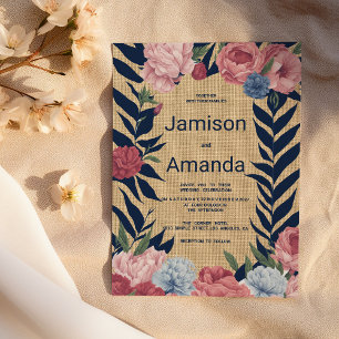 Country rustic ivory navy blue pink floral Wedding Invitation