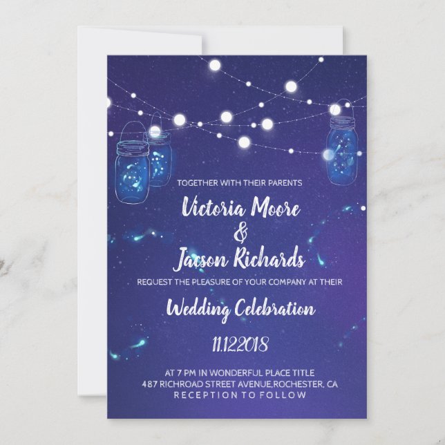 Country Rustic light mason jars fireflies Wedding Invitation (Front)