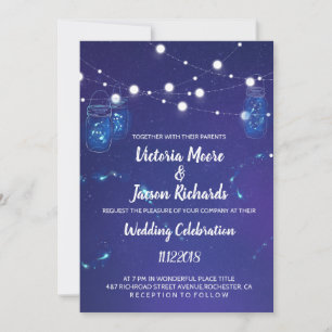 Country Rustic light mason jars fireflies Wedding Invitation