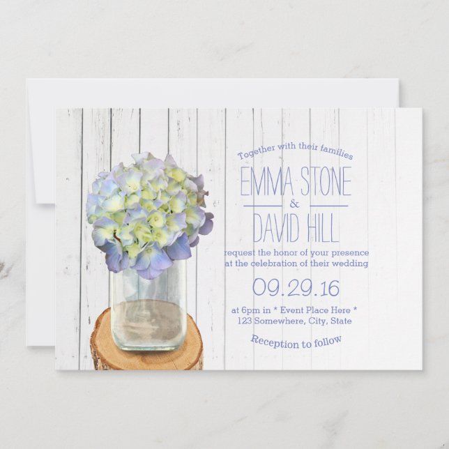 Country Rustic Mason Jar & Hydrangea Wedding Invitation (Front)