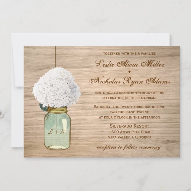 Country Rustic Mason Jar Hydrangea Wedding Invitation (Front)