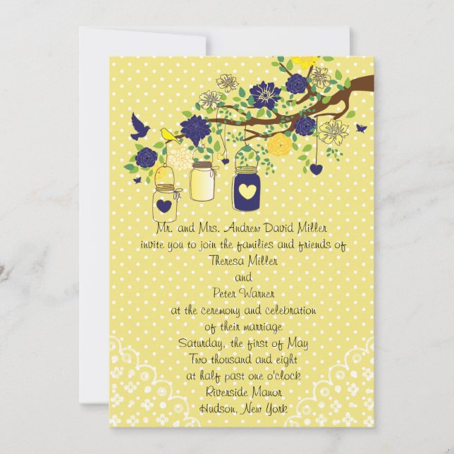 Country Rustic Mason Jar Navy Blue and Yellow Gold Invitation (Front)