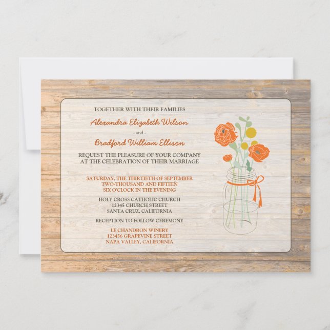 Country Rustic Mason Jar Wedding Invitation: coral Invitation (Front)