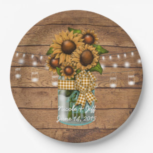 Country Rustic Mason Jar with Sunflower Paper Plate