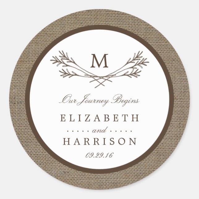 Country Rustic Monogram Branch & Burlap Wedding Classic Round Sticker (Front)
