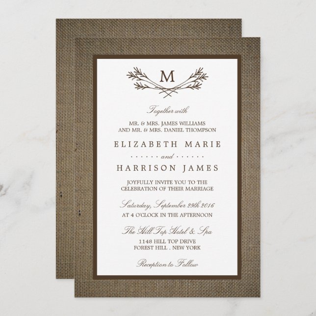 Country Rustic Monogram Branch & Burlap Wedding Invitation (Front/Back)