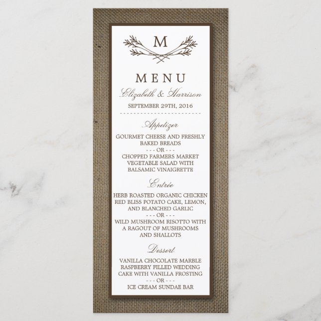 Country Rustic Monogram Branch & Burlap Wedding Menu (Front)
