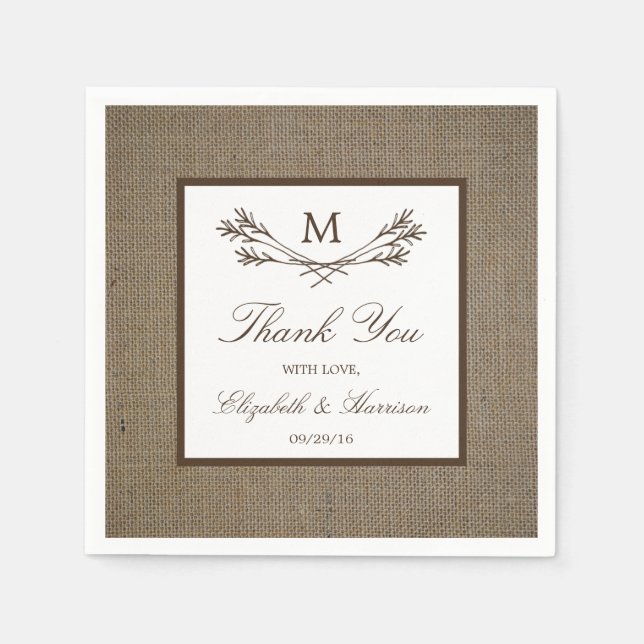 Country Rustic Monogram Branch & Burlap Wedding Napkin (Front)